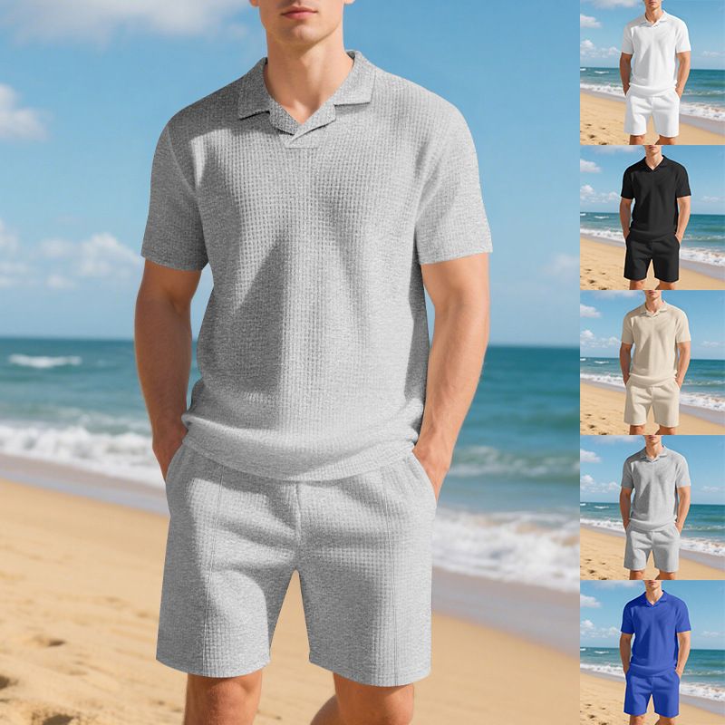 Polo ample à manches courtes et col gaufré pour homme, style américain, ensemble décontracté avec short et col gaufré_voghion.com