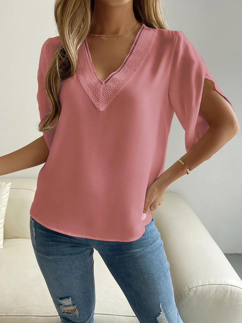 Kvinders forår og sommer ny V-hals blonde ensfarvet top temperament kortærmet chiffon skjorte til kvinder_voghion.com