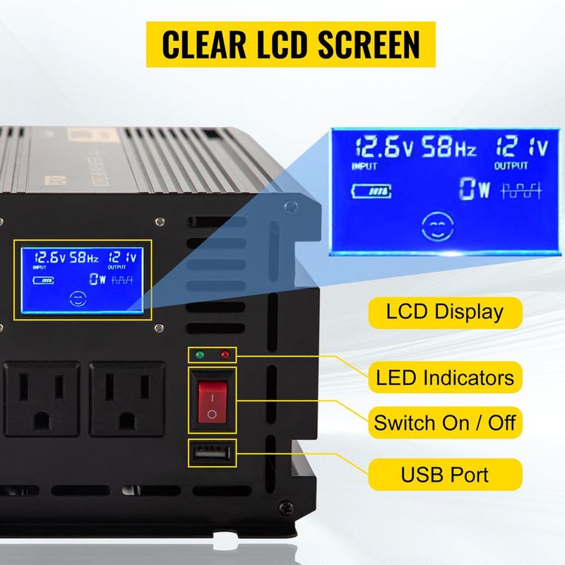 VEVOR Power Inverter, 2500W Modified Sine Wave Inverter, DC 12V To AC 120V Car Converter, With LCD Display, Remote Controller, LED Indicator, AC Outlets Inverter For Truck RV Car Boat Travel Camping_voghion.com