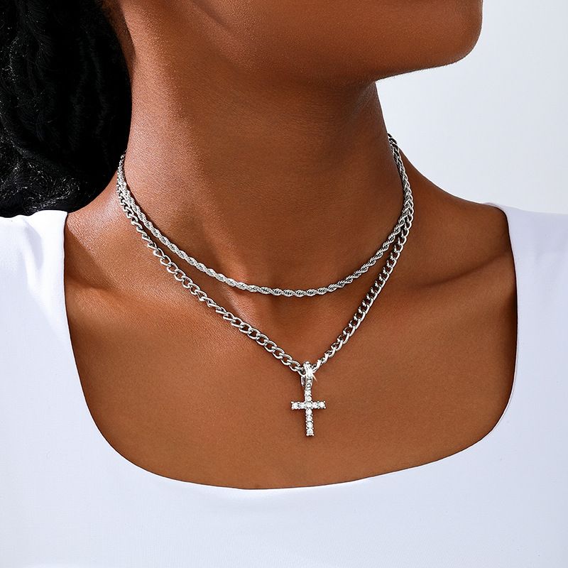 Pezzo 1 Collana da donna con croce a doppio strato in stile cubano per banchetto, stile alla moda, per festa di fine anno_voghion.com