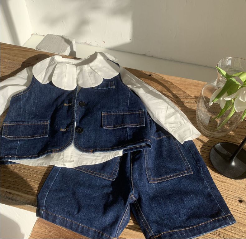 Roupas infantis para meninas, estilo doce, colete jeans, shorts, conjunto de 2 peças_voghion.com