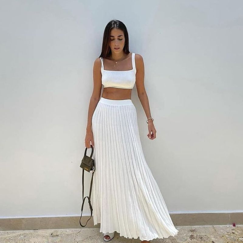 Summer Knitted Tank Top+Half Women's Elegant Sleeveless Short Top Pleated Skirt Set_voghion.com