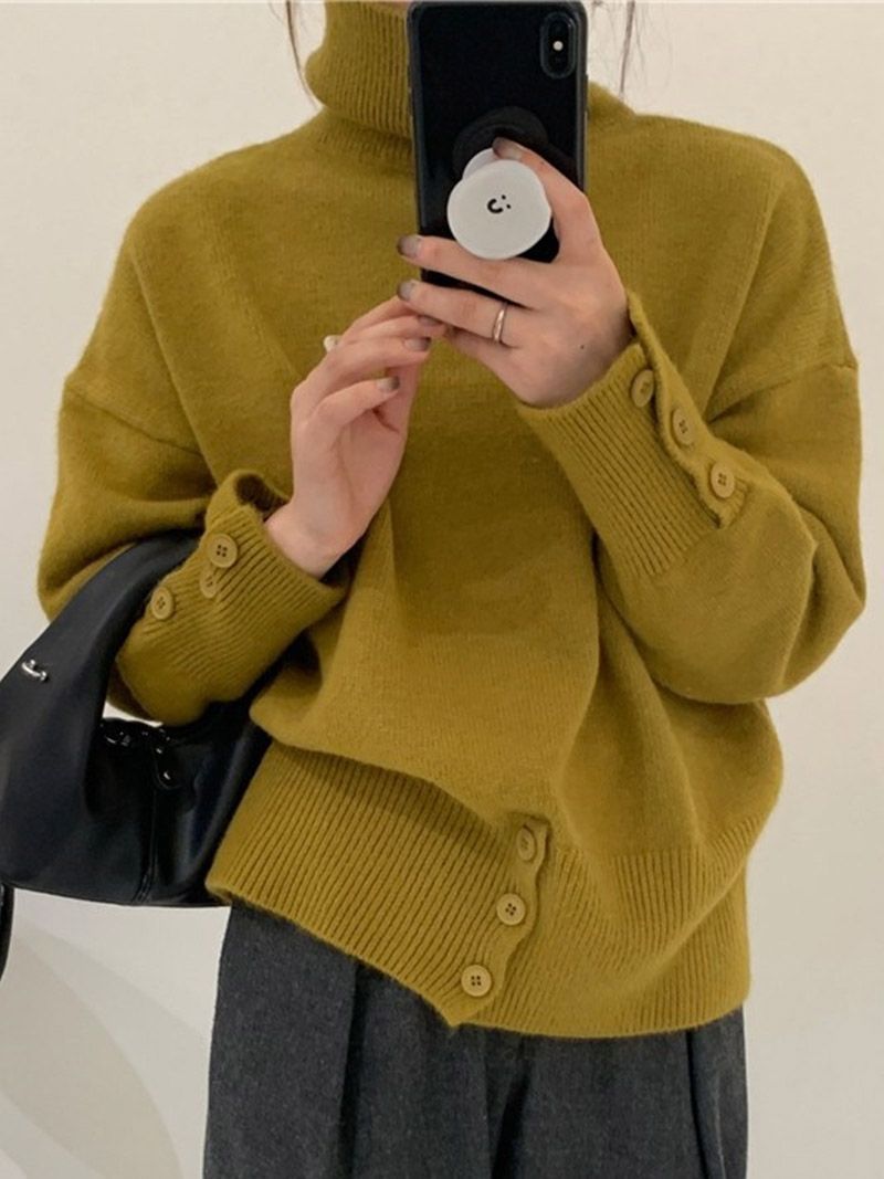 Maglione lavorato a maglia ampio con collo alto da donna - Pullover invernale morbido ed elegante in tinta unita_voghion.com