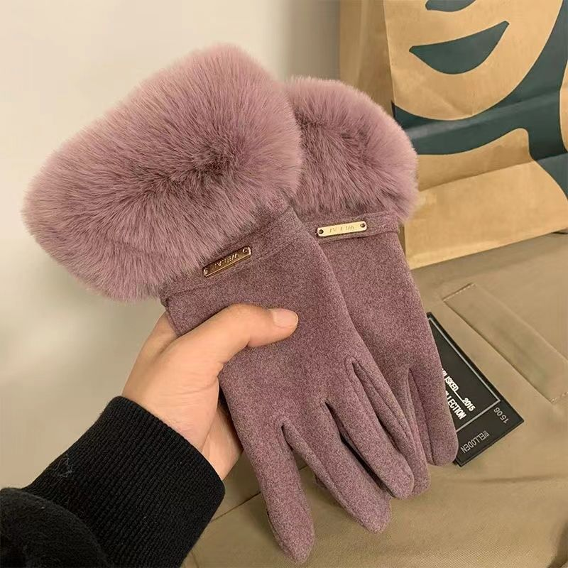 Guanti alla moda con bocca in pelliccia all'aperto in peluche da equitazione con dito, DeRong, calore addensato, dito, schermo tattile_voghion.com