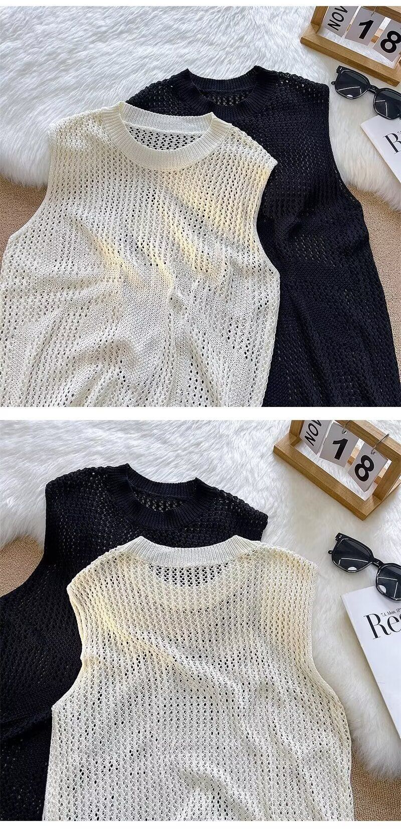 Herrenbekleidung Sommer Hohlweste T-Shirt Herren High-End-Design Nische Einfach zu kombinierendes Gitter Lagenloses Oberteil_voghion.com