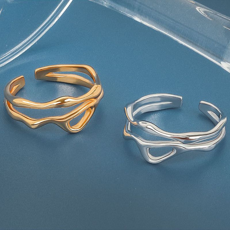 Sier Color Unregelmäßiger hohler Doppellinien-geometrischer Ring für Damen, schlichtes, einzigartiges Design, modischer, verstellbarer Schmuck_voghion.com