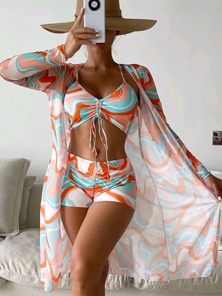 Women's Clothing New Bikini Three Piece Digital Printing Outerwear Flat Leg Pants Swimsuit Women_voghion.com