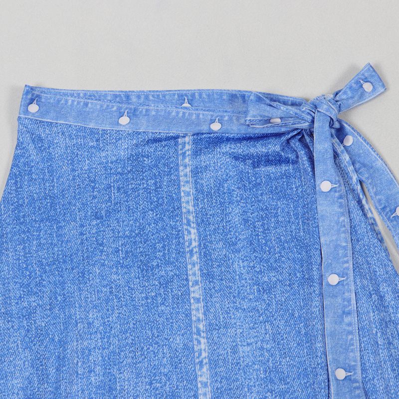 Traje de dos piezas con estampado de posicionamiento de mezclilla azul con hombros descubiertos sexy para mujer_voghion.com