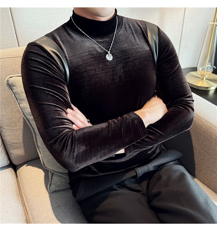 Abbigliamento maschile T-shirt a maniche lunghe elastica con collo alto e mezza pelle testurizzata da uomo, sottile, in velluto, con colletto medio, aderente, abiti autunnali_voghion.com