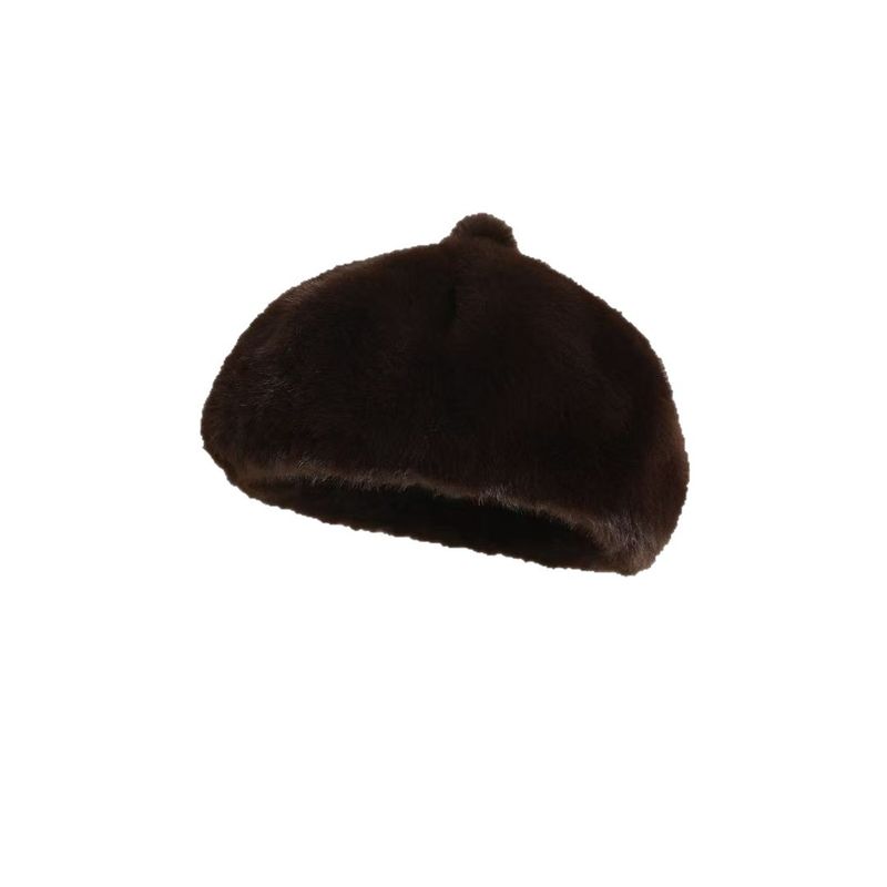 Autumn Winter Versatile Solid Color Drawstring Mink Beret Thickened Large Head Circumference Women Round Top Warm_voghion.com