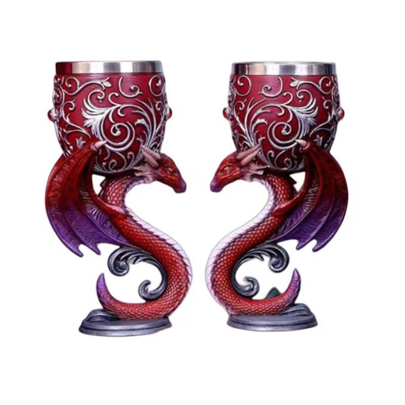 Calice con drago vichingo e lupo Fenrir - Calice da vino in resina incisa in 3D con rivestimento in acciaio inossidabile, 200 ml, oggetto da collezione gotico per celebrazioni a tema medievale_voghion.com