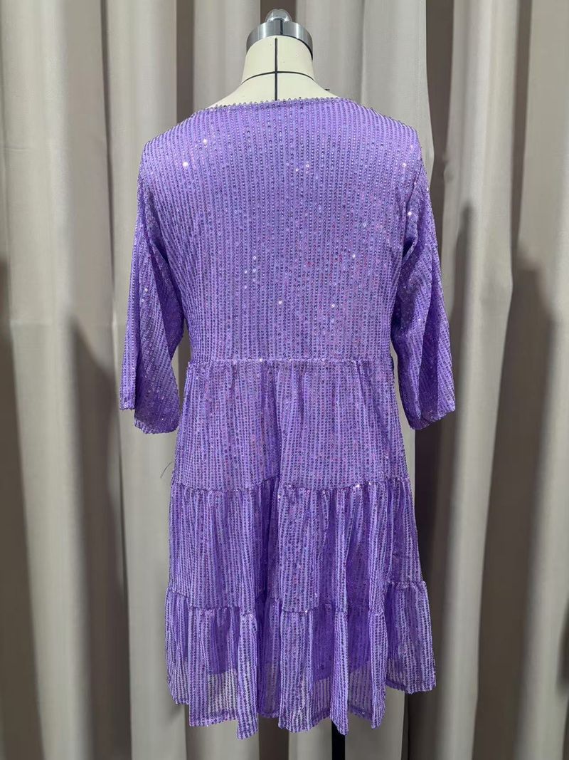 Nuovo abito alla moda con scollo rotondo, vita ampia, maniche corte e gonna con paillettes_voghion.com