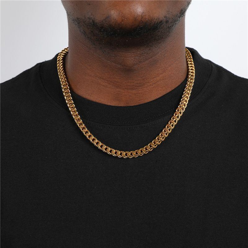 Collana da uomo in acciaio al titanio, placcata in oro, con doppia fibbia piatta, catena positiva e negativa da 6 mm._voghion.com