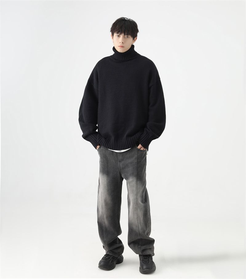 QOTRIOCK Turtleneck For Men Winter Loose Solid Color Fleece Lined Thickened Warm Couple Knitted Base Shirt Sweater_voghion.com