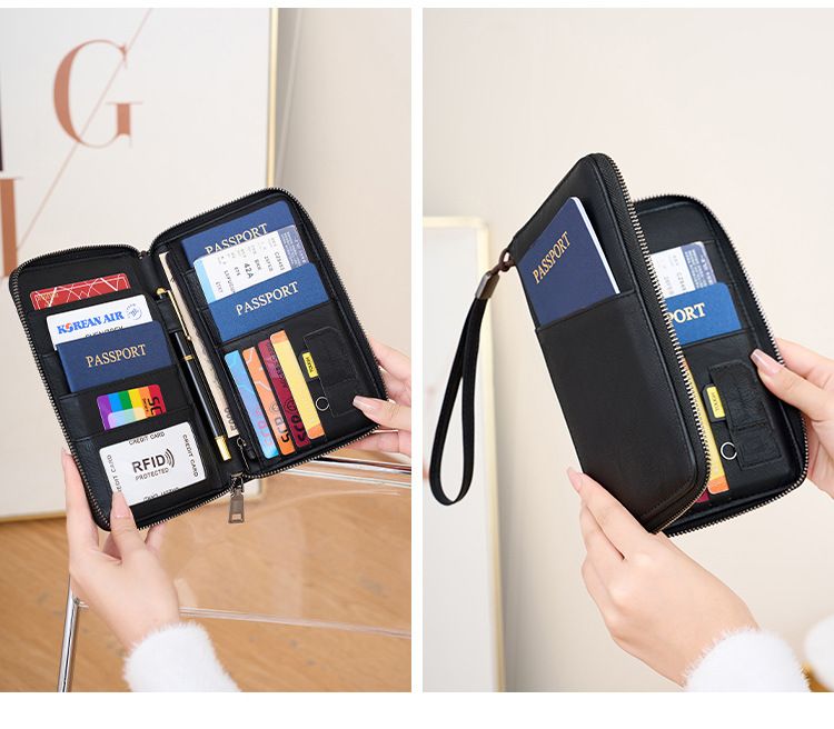 RFID Blocking Travel Wallet With Zipper - Slim Passport Holder Multi-Functional Credit Card Organizer, Waterproof & Anti-Theft Document Pouch_voghion.com