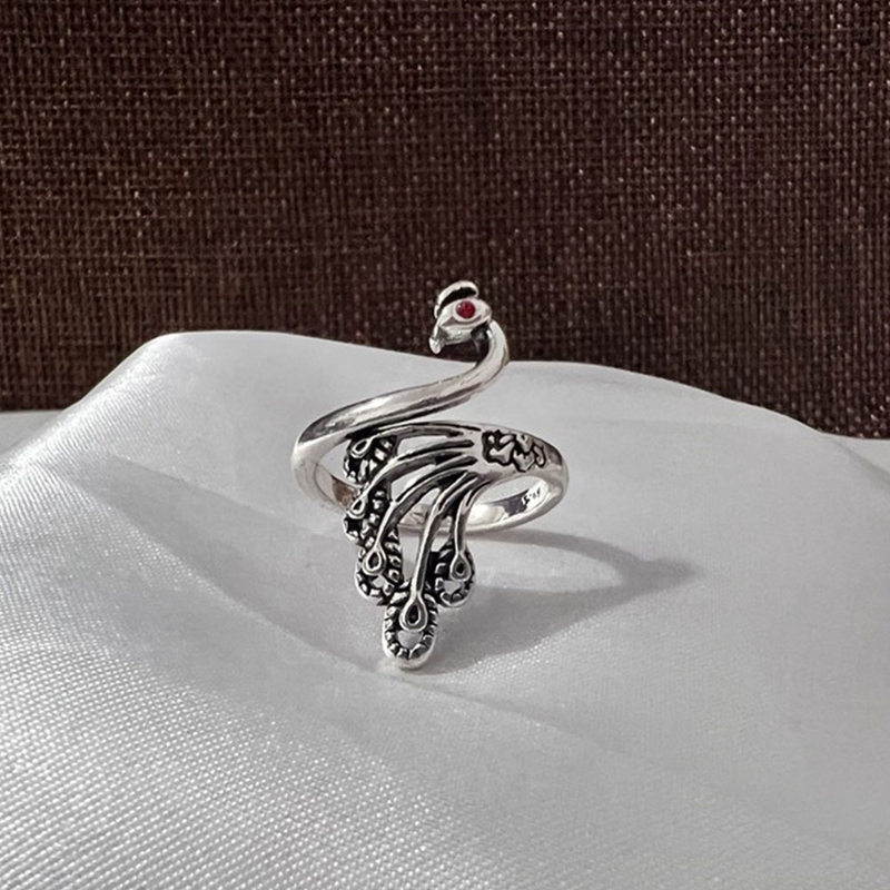 Vintage Peacock Ring Open Hook Needle Gold Carp Fish Silver Phoenix Ring_voghion.com