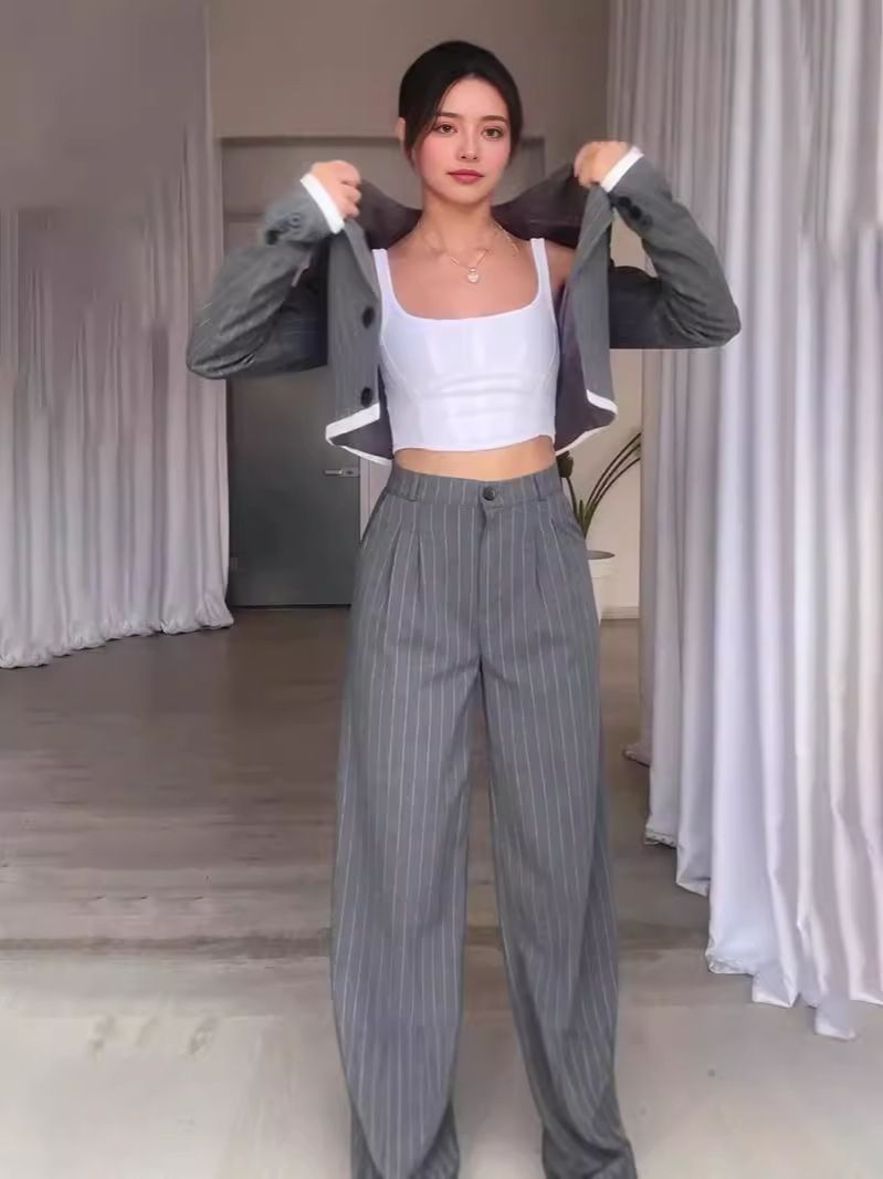 Kadın Giyim Yüksek Bel Çizgili Blazer Pantolon Takımı – Rahat ve Şık Ofis Giyimi, Esnek Polyester Karışımı, Günlük Kullanım İçin Şık ve Çok Yönlü_voghion.com