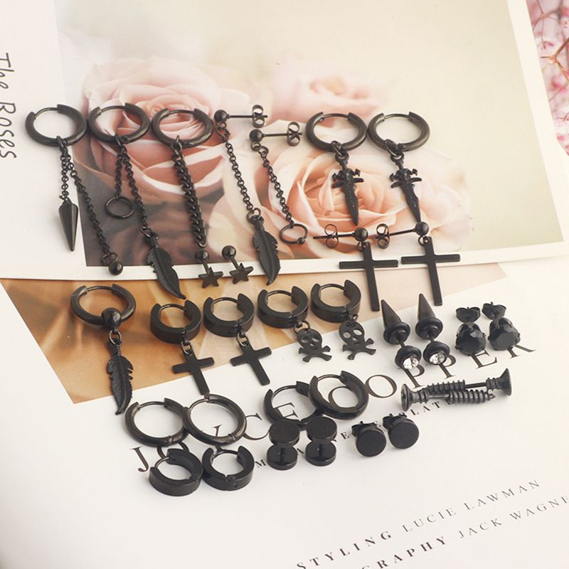 new zircon earrings stainless steel stud earrings cross dumbbell silver black mixed suit earrings_voghion.com