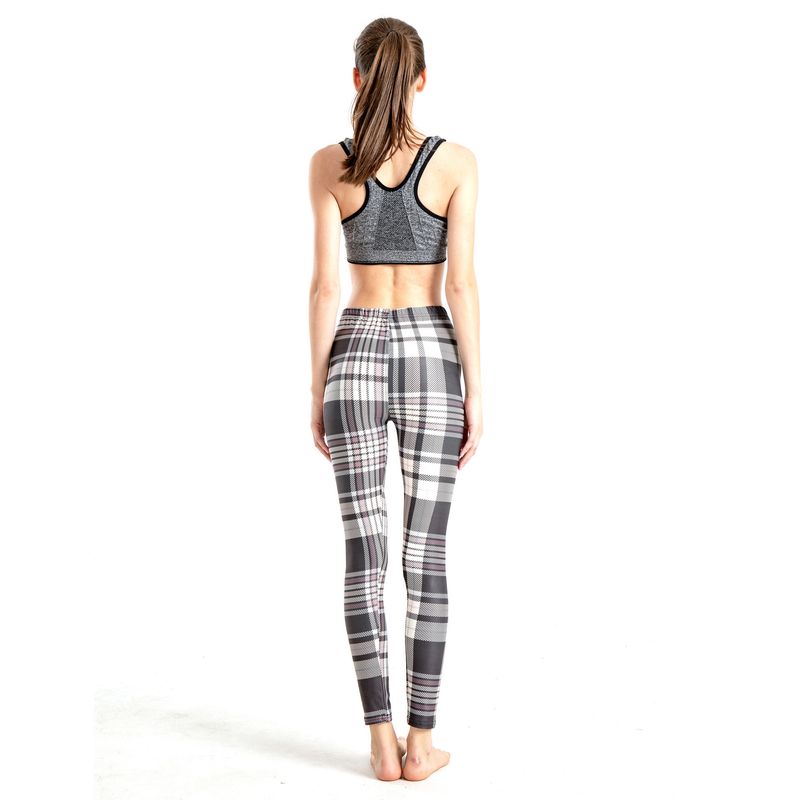 Leggings sportivi elastici a nove punti con stampa scozzese a righe alla moda da donna_voghion.com