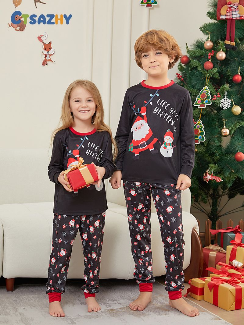 Christmas Santa Snowman Snowflake letters Christmas family suit printed homewear pajamas_voghion.com