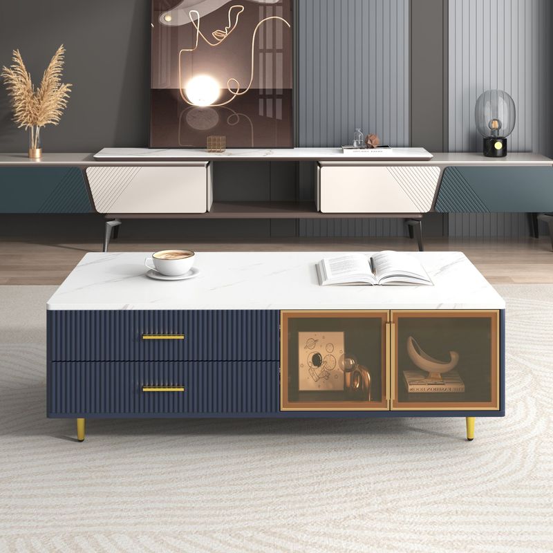 Modern Coffee Table With 2 Glass Door Storage, 4 Drawers, Gold Metal Legs, And Multi-Color Lighting In 47.2''_voghion.com