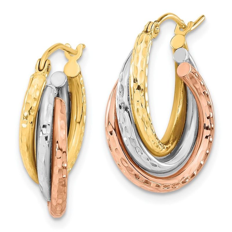 14k Tri-color Textured Triple Hoop Earrings_voghion.com