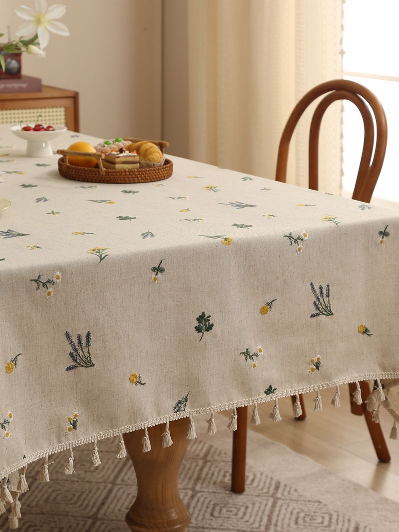 Lavendelfarbene bestickte Leinentischdecke – Natürlicher, strapazierfähiger rechteckiger Tischbezug 135 x 230 cm, hitzebeständiger und rutschfester Esstischläufer_voghion.com