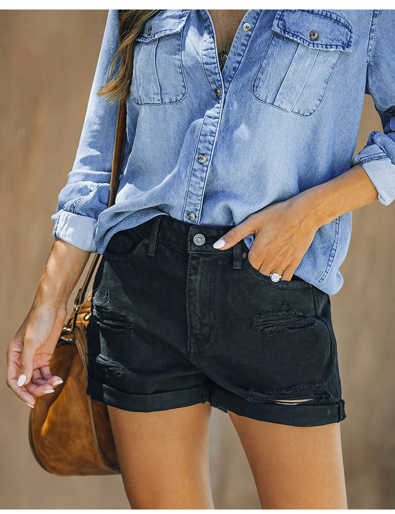 Women's Clothing Elastic Perforated Curled Denim Shorts Casual Jeans_voghion.com