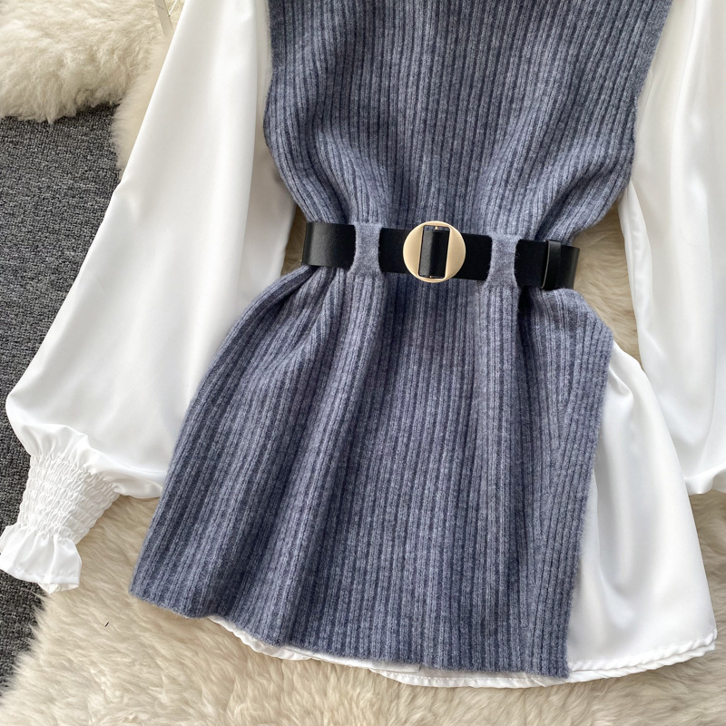 Set de două piese pentru femei, cămașă albă cu mâneci lungi și vestă din tricot despicat_voghion.com