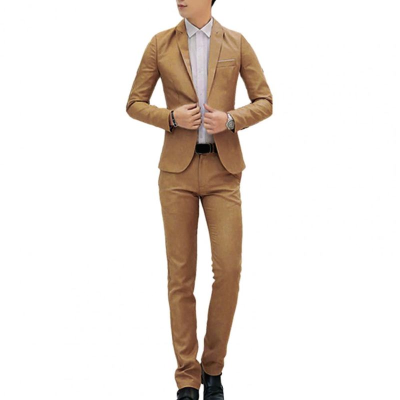 2 Teile/satz Männer Frühling Herbst Einfarbig Business Anzug Revers Ärmel Taschen Single Button Blazer Slim Fit Lange Hosen Set_voghion.com