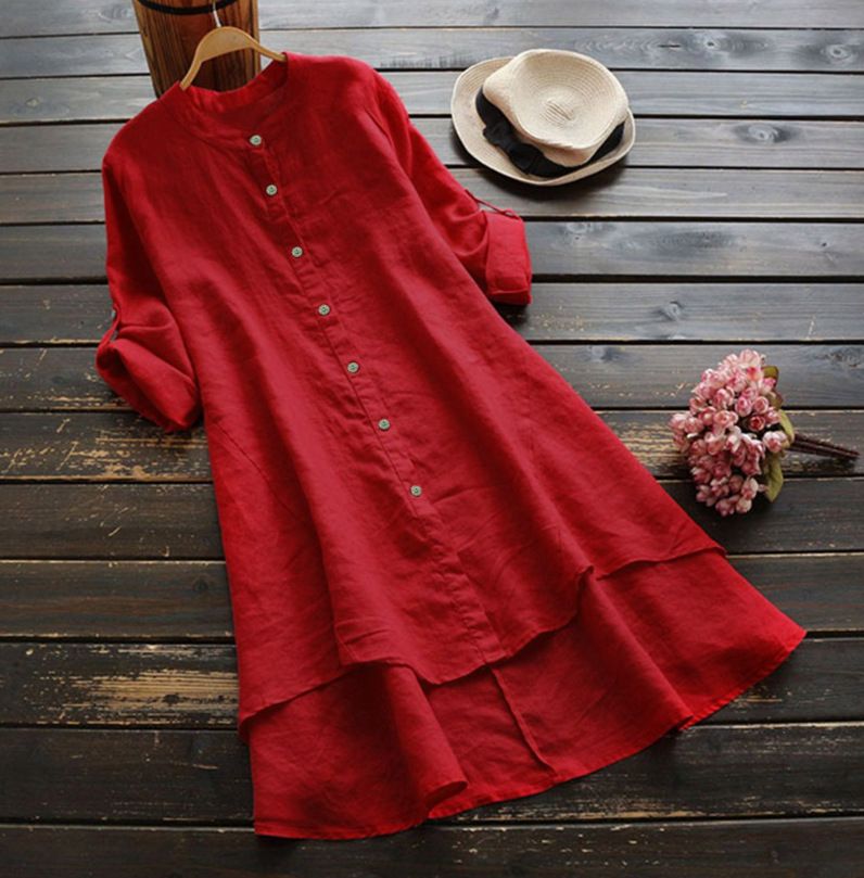 Women's Clothing Spring And Summer Solid Color Button Cotton And Linen Long Sleeve Long Shirt_voghion.com