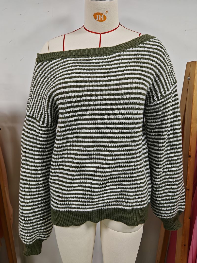 Women's Off-Shoulder Knit Sweater With Color Block Stripes & Lantern Sleeves – Relaxed Fit, Casual Elegance For Fall_voghion.com