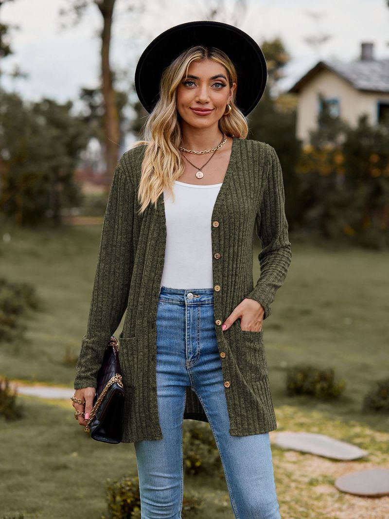 Nueva chaqueta tipo cárdigan de manga larga de color liso con tiras cepilladas para mujer_voghion.com