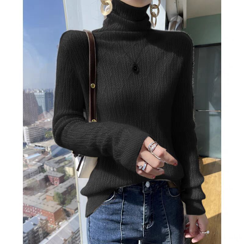 Half high neck diamond grid casual Korean version 2024 autumn and winter new hollow out feminine versatile woolen_voghion.com
