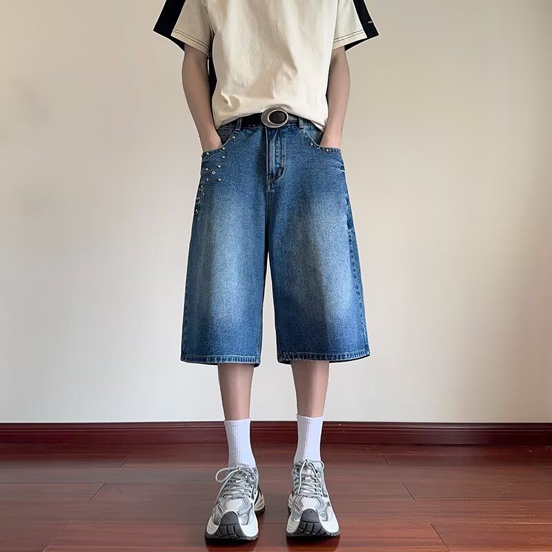 Pantaloncini in denim effetto consumato da uomo con rivetti e lavaggio a fulmini – Jeans casual alla moda, lunghezza 7/5, per l'estate (blu)_voghion.com