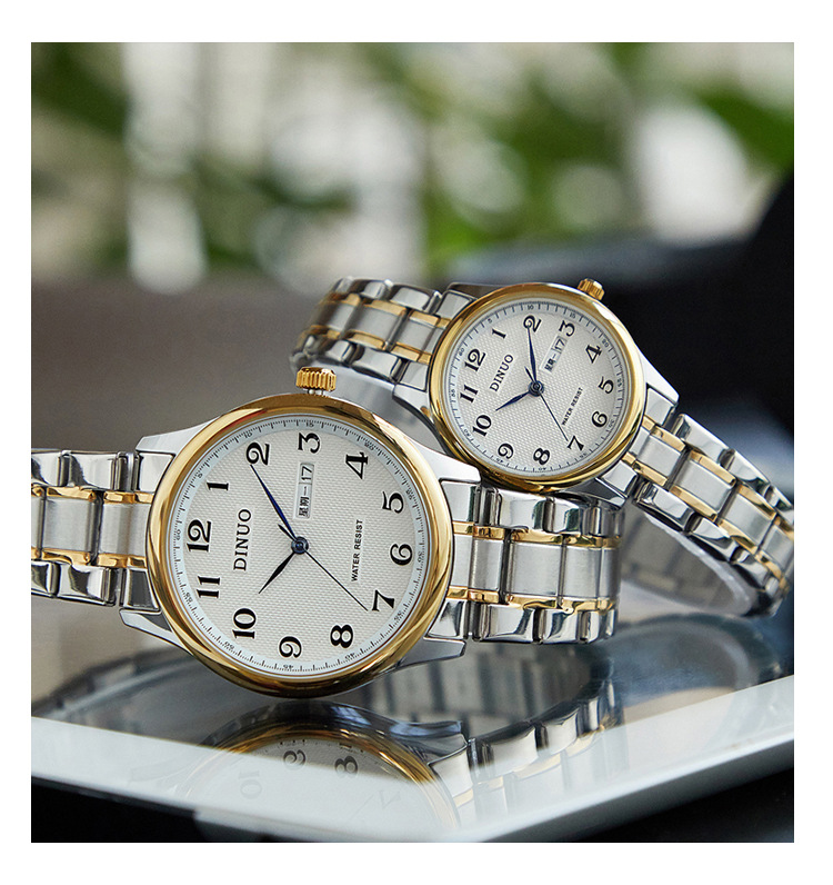 DINUO_B Paaruhr für Herren und Damen, Doppelkalenderscheibe, schlichtes, modisches Temperament, goldener Stahlgürtel, römische Oberfläche_voghion.com