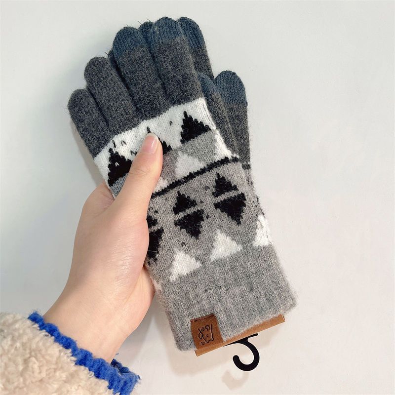 Japanese single quality autumn winter Korean triangular diamond grid knitted gloves, warm and cold resistant, brushed_voghion.com