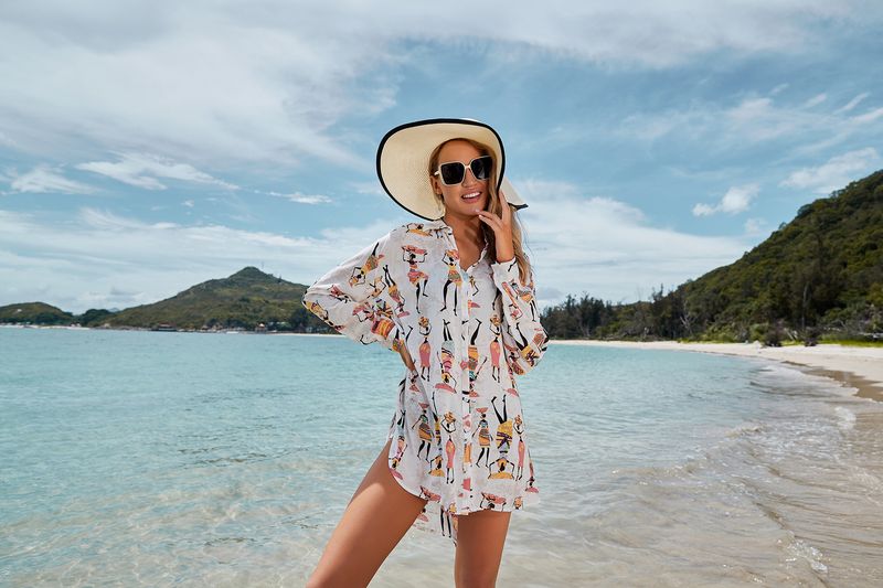 Übergroßes Langarm-Shirt mit Cartoon-Print für Damen, Strand-Überzug, Bikini, Bademode, Sonnenschutz, offene Vorderseite, Bluse_voghion.com