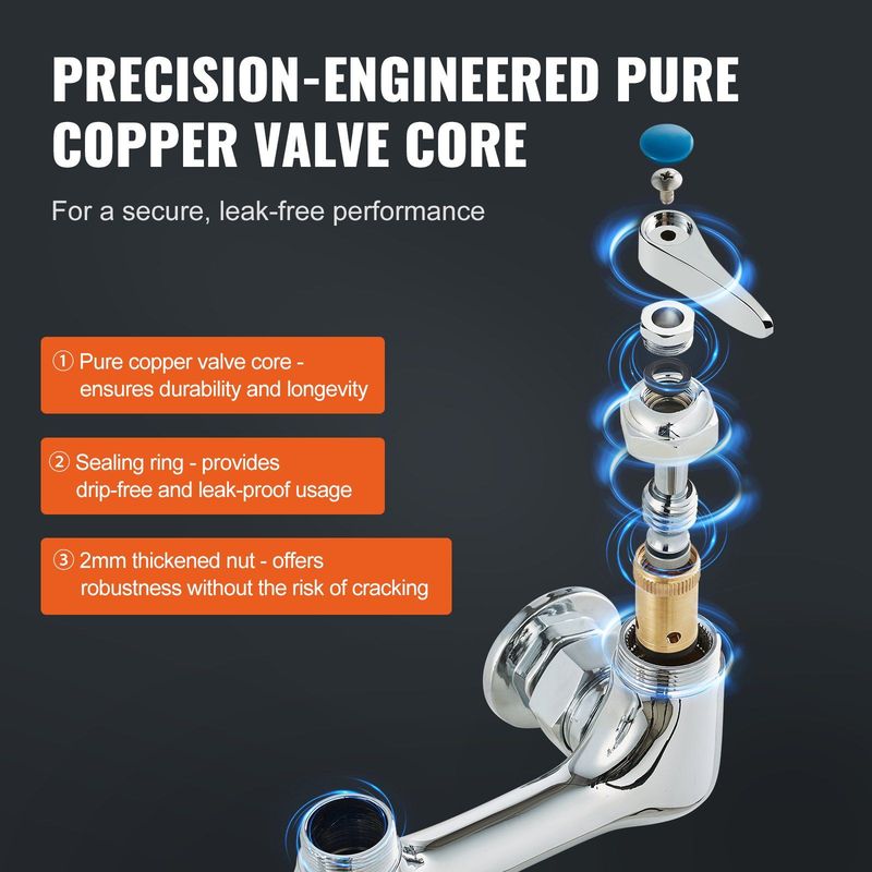 VEVOR Commercial Faucet With Pre-Rinse Sprayer, 25" Height, 8" Center, 12" Swing Spout, Wall Mount Kitchen Sink Faucet, Brass Constructed Device With Pull Down Spray, For 1/2/3 Compartment Sink_voghion.com