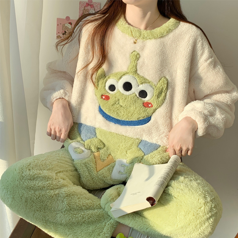 Pyjama d'automne et pull pour femme, ensemble de costume de maison en peluche épaisse version coréenne en polaire corail d'hiver mignon grande taille_voghion.com