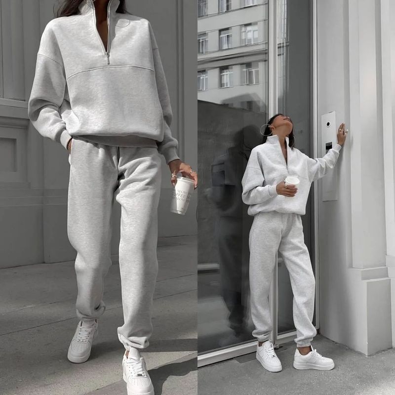 Women's Casual Fleece Tracksuit Set - Cozy Long Sleeve Hoodie & Jogger Pants For Fall Winter, Soft & Warm, Plus Size Available_voghion.com