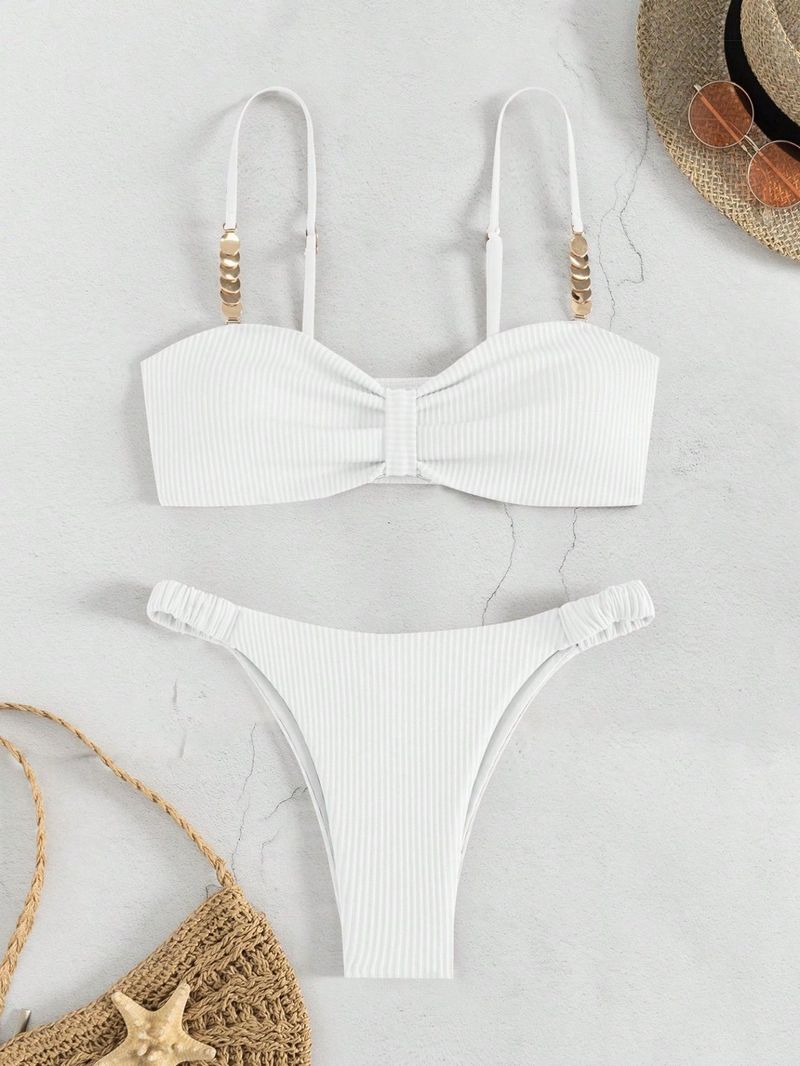 Women's Clothing Solid Color Tube Top Hollow Beach Bikini Triangle Split Beach Swimsuit_voghion.com