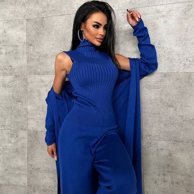 Women's Clothing loose casual knitted suit women's long shawl cardigan + turtleneck sweater + wide leg pants three piece suit_voghion.com