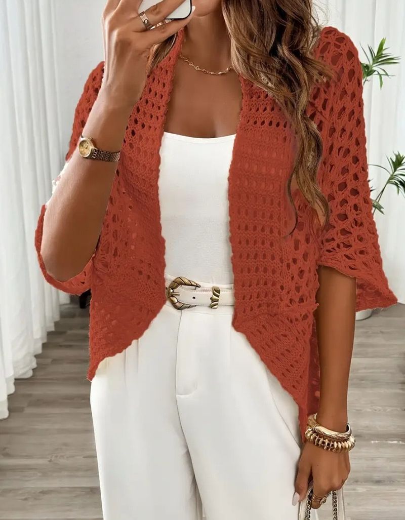 Maglione da spiaggia con lacci e maglia – Top da vacanza all'uncinetto con trafori (XS-XL, bianco/nero/albicocca/rosso)_voghion.com