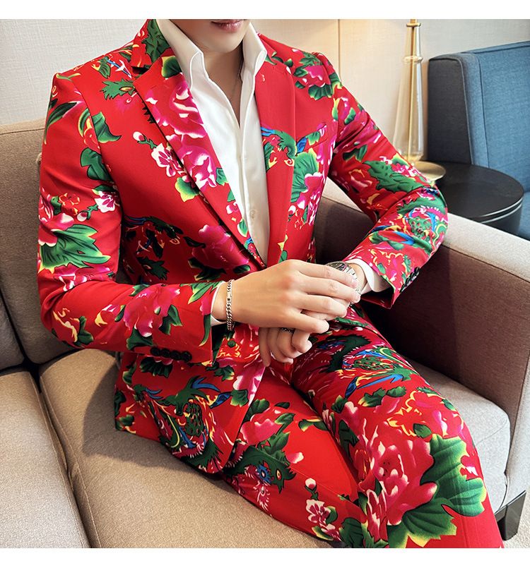 ForMen Northeast Red Flower Herrenmode-Trend Persönlichkeit Retro Hübscher Slim Fit High-End-Anzug Zweiteiliges Set_voghion.com