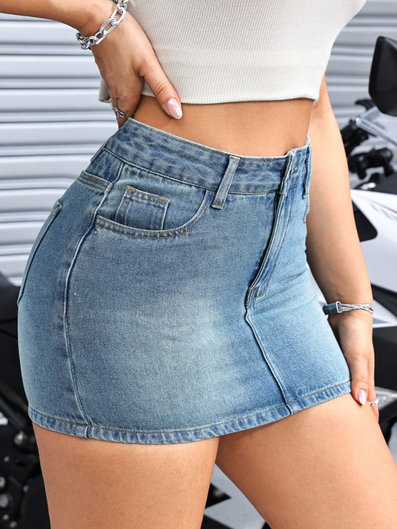 Falda vaquera estilo urbano versátil y desgastada para mujer_voghion.com