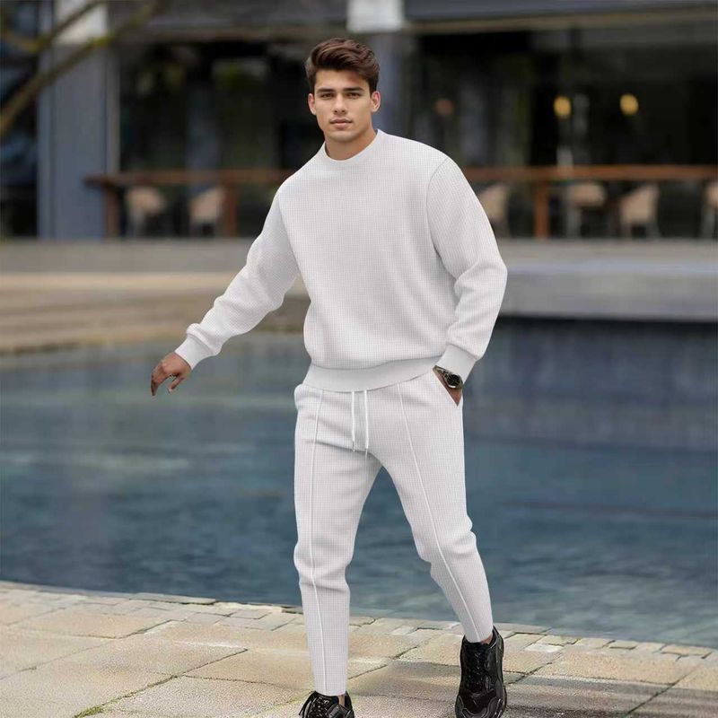 Men's Clothing Streetwear Waffle Knit Tracksuit Set - High Fashion Casual Jogger & Long Sleeve Top | Trendy Two-Piece Outfit In White/Grey/Black/Khaki_voghion.com