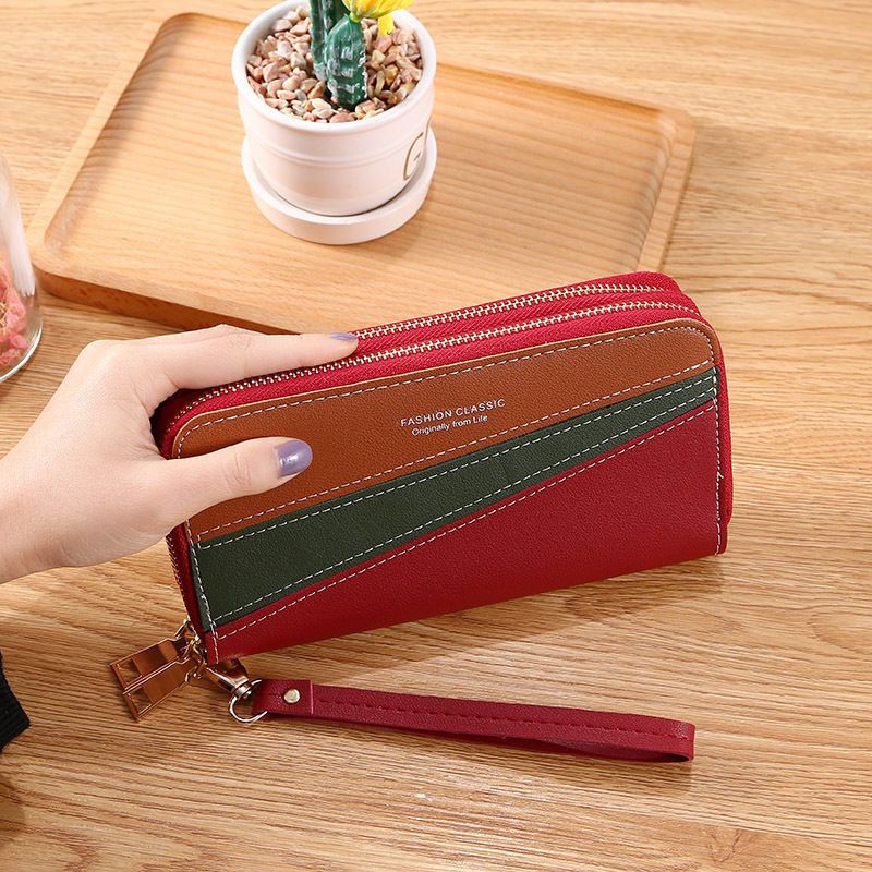 Nueva cartera con doble cremallera para mujer, larga, estilo coreano, con costuras en contraste de color, gran capacidad, doble capa, cartera para teléfono móvil_voghion.com