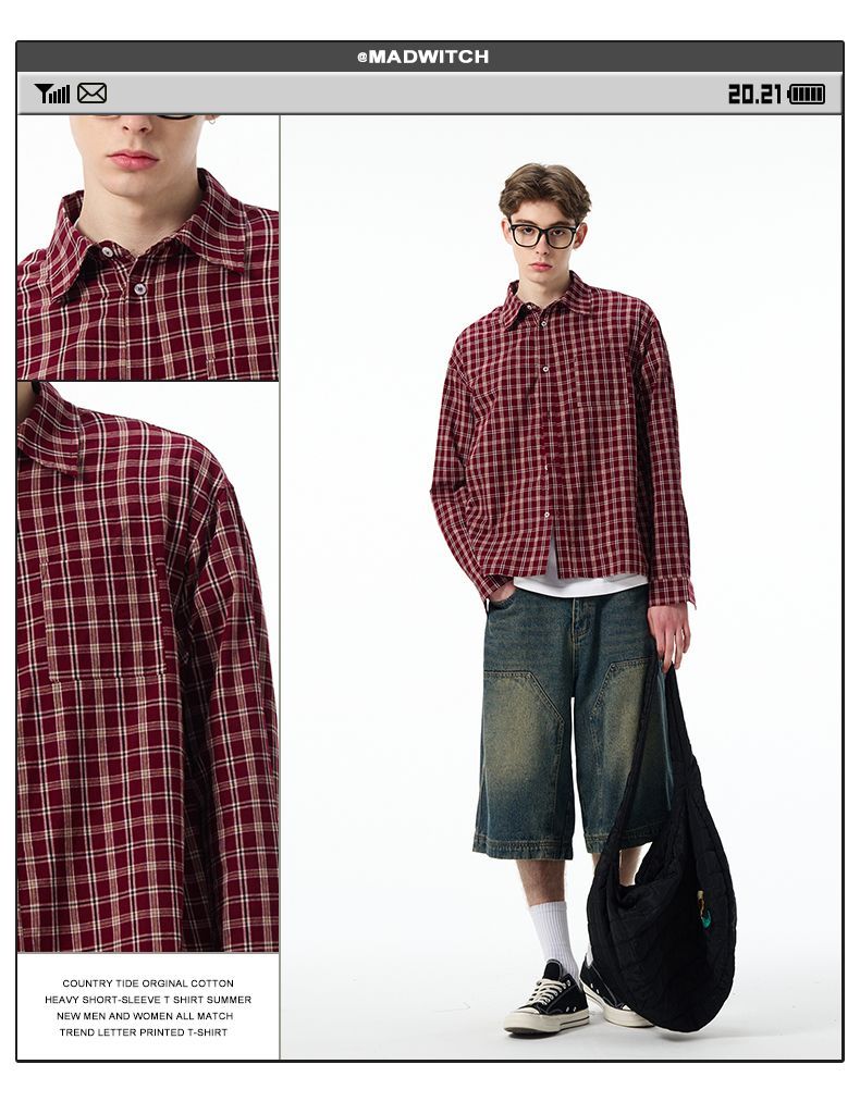 American Red Checkered Shirt Jacket For Men And Women, Spring Loose Casual Long Sleeved Versatile Top 1_voghion.com