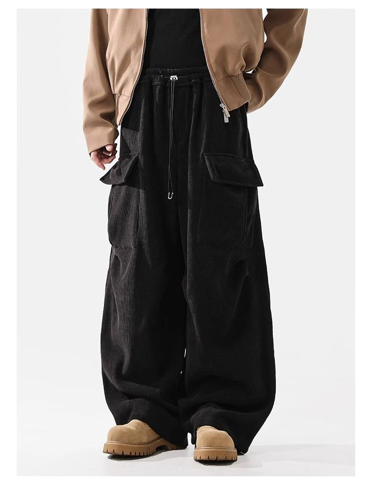 Corduroy Cargo Pants With Fleece Lining – High Waist, 65% Polyester, Drawstring Closure, Black/Khaki, S-XXL (Unisex Winter)_voghion.com